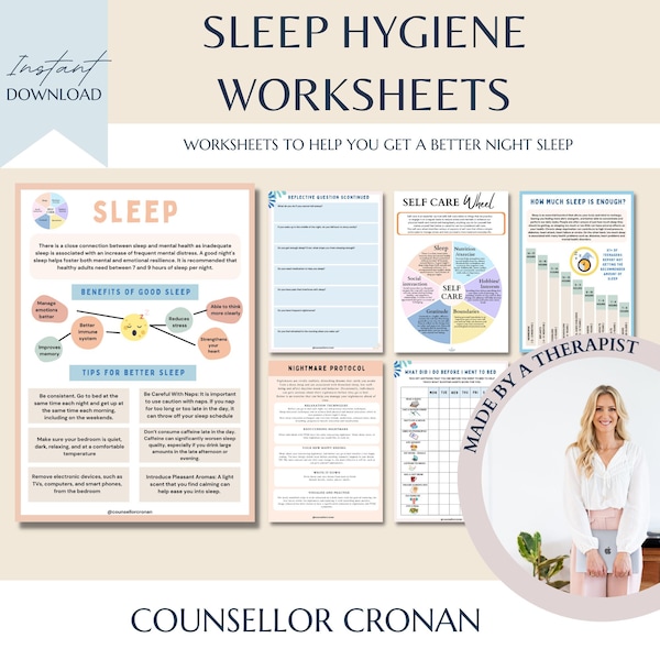 Feuilles de travail sur l'hygiène du sommeil, journal du sommeil, habitudes de sommeil, cycle de sommeil, décor de bureau de thérapie, soins personnels, thérapie d'acceptation et d'engagement, CBT