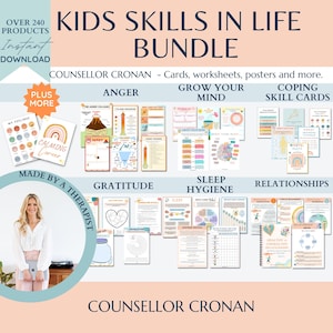 Kids skills in life essential bundle, 50% off, over 240 products. Therapy worksheets, calming corner, coping skills, anxiety, CBT worries