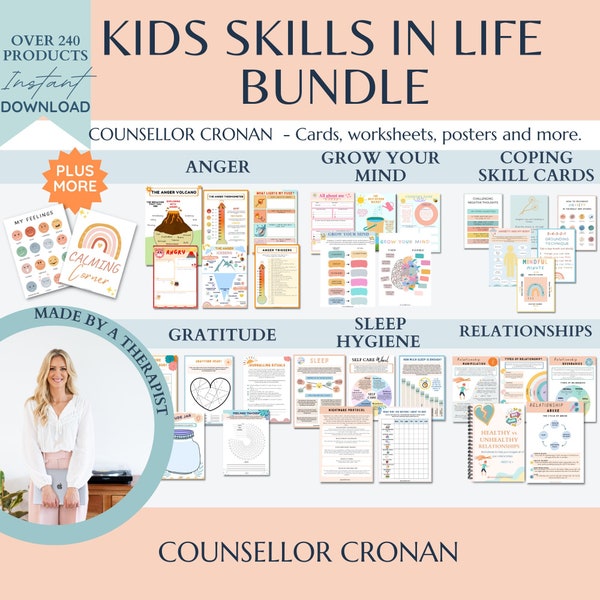 Kids skills in life essential bundle, 50% off, over 240 products. Therapy worksheets, calming corner, coping skills, anxiety, CBT worries