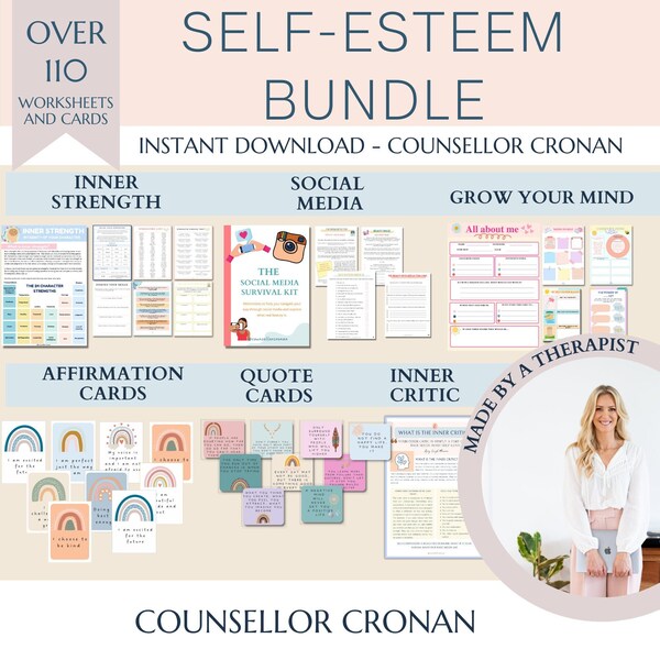 Self esteem growth mindset mega bundle, therapy worksheets, confidence, therapy office decor, inner critic, therapy resources, therapy tools