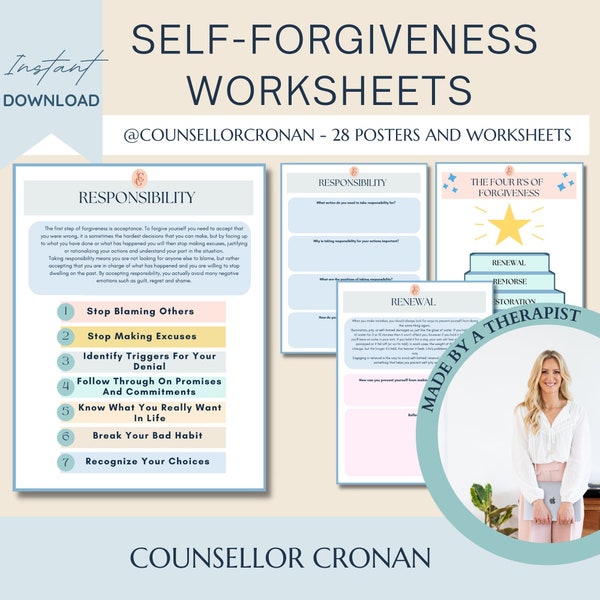 Self forgiveness worksheet digital download journal, PDF, self love, self growth, therapy worksheets, self esteem, forgiveness, healing, cbt