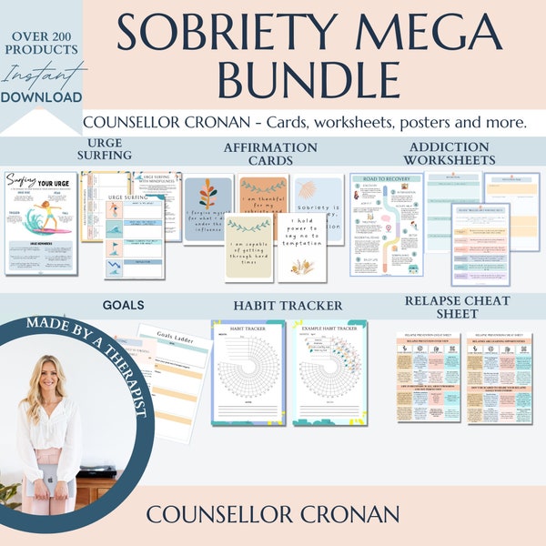 Sobriety resource mega bundle, relapse prevention coping skills, urge surfing, addiction, healing, substance abuse, therapy resources, cards