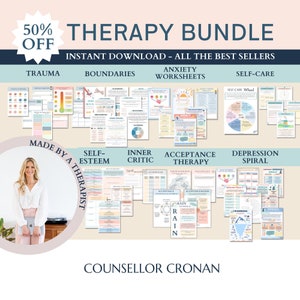 Therapy worksheet bundle, psychology resources, inner critic, boundaries, trauma, acceptance therapy, safety plan, planner, affirmations,GAD