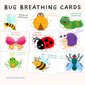 Tarjetas de respiración de insectos, tarjetas de atención plena para niños, habilidades de afrontamiento, estrategias de afrontamiento, alivio de la ansiedad, rastreo de dedos, tarjetas calmantes, TCC, terapia