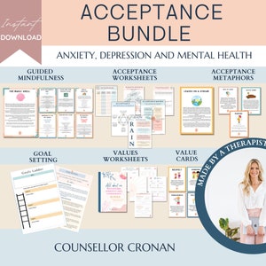 Acceptance therapy worksheet and cards bundle, acceptance commitment  bundle, therapy form, therapy office decor, therapy worksheet, SEL GAD