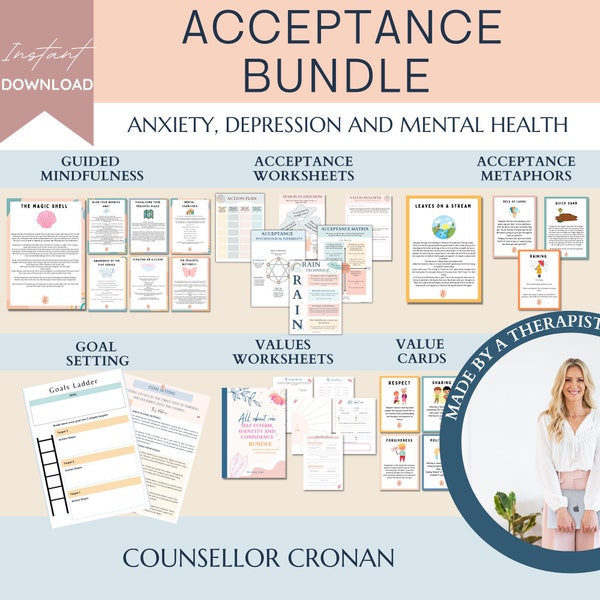 Acceptance therapy worksheet and cards bundle, acceptance commitment  bundle, therapy form, therapy office decor, therapy worksheet, SEL GAD