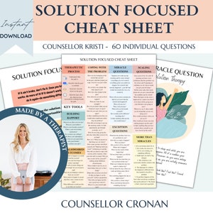 Solution focused cheat sheet, solution seeking, therapist questions, client based therapy, miracle question, therapy worksheets, self love