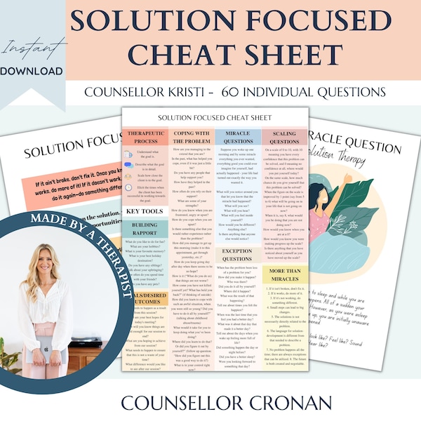 Solution focused cheat sheet, solution seeking, therapist questions, client based therapy, miracle question, therapy worksheets, self love