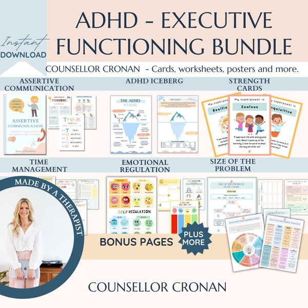 ADHD-Executive functioning worksheet bundle for kids, time management, self regulation, coping skills, ADHD skills, anxiety, therapy tools