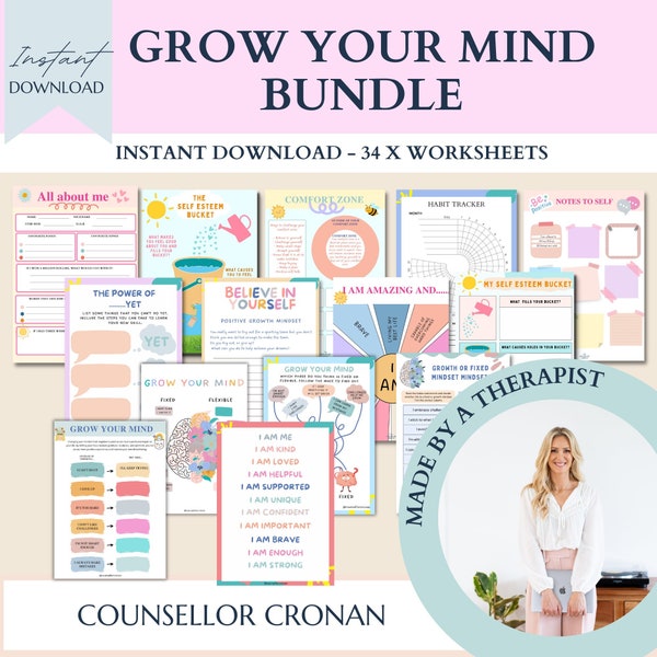 Growth mind frame worksheets, therapy bundle, therapy journal, grow your mind, social psychology, depression, anxiety, counsellor resources