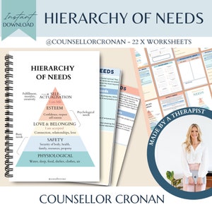 Hierarchy of needs worksheets, therapy journal, therapy worksheets, group therapy, self actualization, mental health resources, CBT, growth