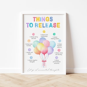 Dingen om vrij te geven poster, loslaten, angstverlichting, affirmaties poster, therapiekantoor decor, therapeutkantoor, geestelijke gezondheid muurkunst.