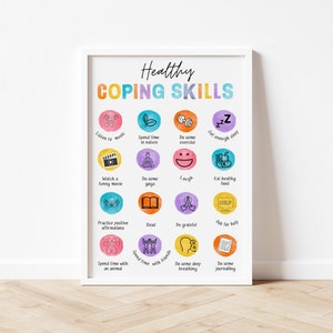 Healthy coping skills poster. Breathing, grounding technique print, calming down corner, calming wall art, therapy office decor, psychology