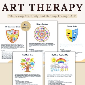 May include: Art therapy workbook with 35 pages, featuring a "My Superpower Shield," a nature mandala, and emotion masks. The workbook includes a gratitude tree and a mood weather map. The cover reads "Art Therapy" and "Unlocking Creativity and Healing Through Art."