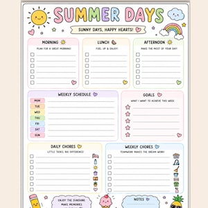 May include: A colorful summer-themed planner with sections for morning, lunch, and afternoon. It includes a weekly schedule, goals, daily and weekly chores, and notes. The planner features illustrations of a sun, rainbow, and ice cream.