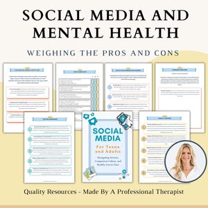 Może przedstawiać: Książka zatytułowana "Social Media and Mental Health" z podtytułem "Weighing the Pros and Cons". Okładka zawiera tytuł dużymi czarnymi literami. Książka bada związek między mediami społecznościowymi a zdrowiem psychicznym.