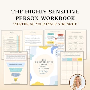 Könnte beinhalten: Ein Arbeitsbuch mit dem Titel "The Highly Sensitive Person Therapy Workbook" mit dem Untertitel "Nurturing Your Inner Strength". Das Cover ist weiß mit gelben und blauen abstrakten Formen. Das Arbeitsbuch enthält Abschnitte zu Quiz, Beispielen, emotionalem Mapping und täglichen Affirmationen.