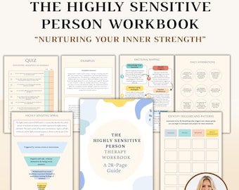 May include: A workbook titled "The Highly Sensitive Person Therapy Workbook" with the subtitle "Nurturing Your Inner Strength." The cover is white with yellow and blue abstract shapes. The workbook includes sections on quizzes, examples, emotional mapping, and daily affirmations.