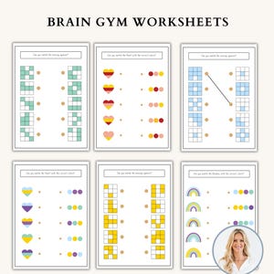 Puede incluir: Una colección de seis hojas de trabajo de gimnasia cerebral con ejercicios de emparejamiento coloridos. Las hojas de trabajo presentan formas geométricas, corazones y arcoíris. El texto "Brain Gym Worksheets" está en la parte superior.