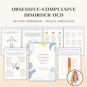 Peut inclure: Un cahier d'exercices numérique intitulé "Obsessive-Compulsive Disorder (OCD)" de 60 pages. La couverture affiche le titre et les mots "A Transformative Workbook". Le cahier comprend des sections sur les déclencheurs, les distorsions cognitives et les structures cérébrales.