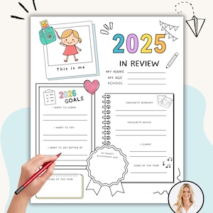 May include: A white 2025 in review and 2026 goals planner. The planner includes sections for personal information, favorite memories, and goals. A cartoon girl with a camera is featured. A hand is holding a red pen.