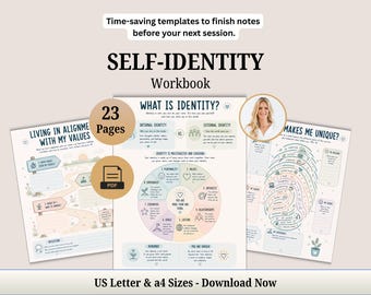 Peut inclure: Un cahier d'exercices sur l'identité personnelle de 23 pages au format PDF, disponible en tailles US Letter et A4. Les pages présentent des sections intitulées Living in Alignment with My Values, What is Identity et What Makes Me Unique.