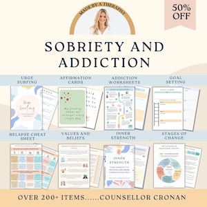 Puede incluir: Un collage de hojas de trabajo y recursos imprimibles para la sobriedad y la recuperación de la adicción. Los recursos incluyen hojas de trabajo para navegar por los impulsos, tarjetas de afirmación, hojas de trabajo sobre la adicción, establecimiento de objetivos, hojas de trucos para recaídas, valores y creencias, fuerza interior y etapas del cambio. El texto "Más de 200 artículos... Consejero Cronan" está en la parte inferior de la imagen.