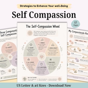 Może przedstawiać: 17-stronicowy zestaw dokumentów cyfrowych zatytułowany Strategies to Enhance Your well-Being Self Compassion. Zawiera The Three Components of Self-Compassion, The Self-Compassion Wheel oraz My Compassionate Response Plan z tekstem w formatach US Letter i A4.