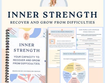 May include: A pink and blue notebook with the title "Inner Strength: Your Capacity to Recover and Grow from Difficulties." The notebook is open to a page with a quote about inner strength. The quote reads, "Strength doesn't come from what you can do. It comes from overcoming the things you once thought you couldn't."