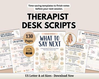 May include: A digital therapist workbook titled What To Say Next, featuring 130 pages of desk scripts, clinical guidance, and reflective worksheets. The document includes sections on relationships, emotional responsibility, and boundaries in US Letter size.