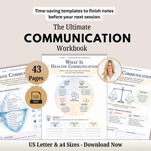 May include: A digital workbook titled The Ultimate Communication Workbook featuring 43 pages in PDF format. The pages include diagrams, text about passive and healthy communication, a scale graphic, and a photo of a person. US Letter and A4 sizes.