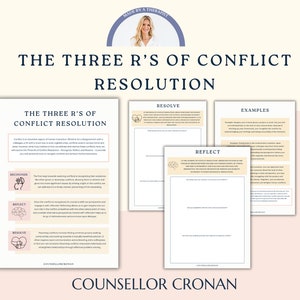 Può includere: Un foglio di lavoro stampabile con il titolo "Le tre R della risoluzione dei conflitti". Il foglio di lavoro è diviso in tre sezioni: Riconoscere, Riflettere e Risolvere. Ogni sezione include una descrizione del concetto ed esempi di come applicarlo in situazioni reali.