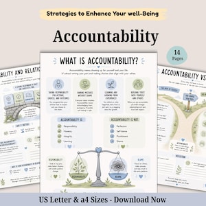 May include: A 14-page digital printable set titled Strategies to Enhance Your Well-Being: Accountability. The pages feature educational text, diagrams of a bridge, a scale, and a path, with soft blue and green accents on a light background.