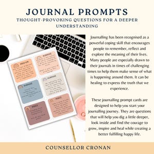 May include: Six colourful cards with journaling prompts for self-reflection and personal growth. Each card features a rainbow design and a different word: Passion, Purpose, Peace, Purpose, Peace, and Peace. The text on the cards includes thought-provoking questions to help you explore your emotions and values.
