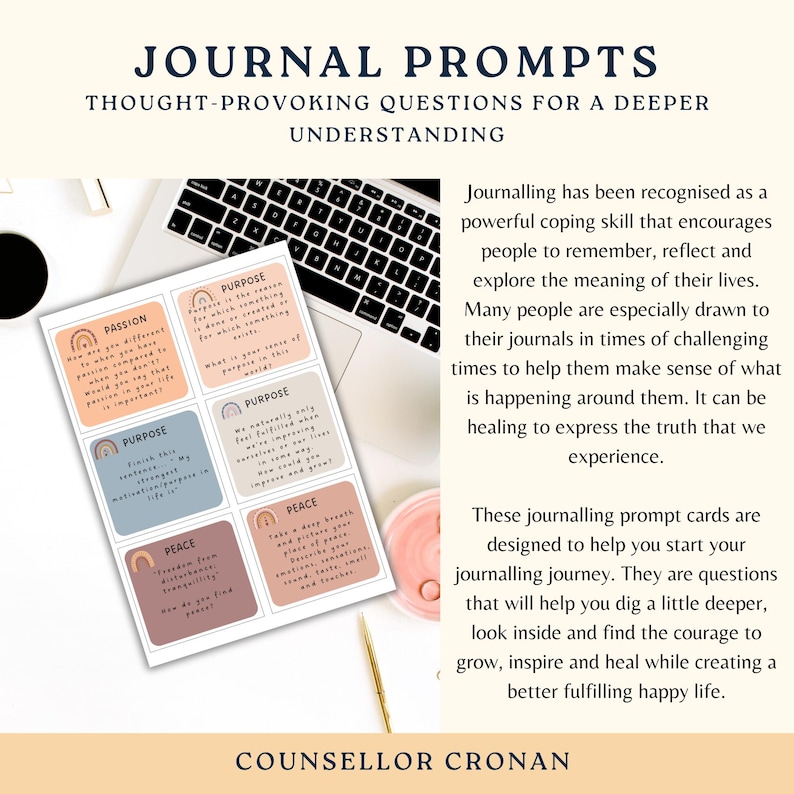 May include: Six colourful cards with journaling prompts for self-reflection and personal growth. Each card features a rainbow design and a different word: Passion, Purpose, Peace, Purpose, Peace, and Peace. The text on the cards includes thought-provoking questions to help you explore your emotions and values.
