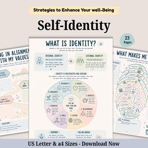 Può includere: Un quaderno di esercizi digitale di 23 pagine intitolato Strategies to Enhance Your Well-Being: Self-Identity. Le pagine presentano fogli di lavoro in tonalità pastello con titoli come What is Identity, Living in Alignment with My Values e What Makes Me Unique.