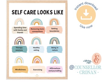 Self care looks like, classroom poster, poster, therapy office decor, self love poster, self love print, feelings poster