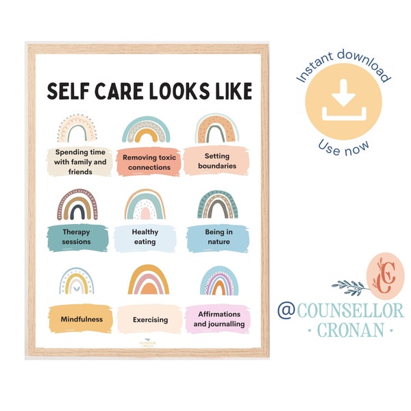 Self care looks like, classroom poster, poster, therapy office decor, self love poster, self love print, feelings poster