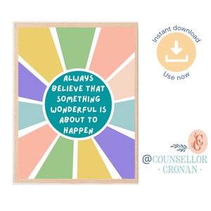 Póster de pensamiento positivo de arcoíris, cita positiva, inspiración, afirmación curativa, póster de oficina de asesoramiento escolar, decoración de oficina de terapia SEL