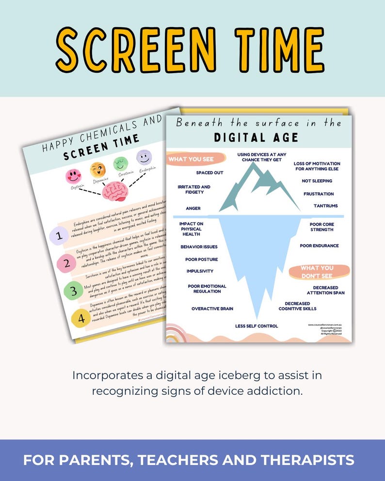 Screen time addiction worksheets, kids therapy, child therapist, psychologist resources, parenting tool, screen time, kids feelings. Planner image 6