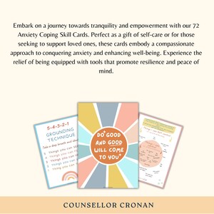 K&ouml;nnte beinhalten: Ein Set mit 72 bunten Karten mit einem Regenbogen-Design. Die Karten sind mit "Anxiety Coping Skill Cards" betitelt und zeigen den Text "Tu Gutes und Gutes wird zu dir zur&uuml;ckkommen".