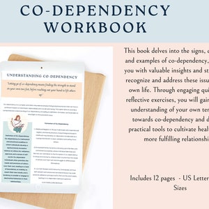 K&ouml;nnte beinhalten: Ein Arbeitsbuch mit dem Titel "CO-DEPENDENCY WORKBOOK" liegt auf einer Holzoberfl&auml;che. Ein Tablet zeigt "UNDERSTANDING CO-DEPENDENCY". Der Text rechts beschreibt den Inhalt des Buches, einschlie&szlig;lich Quiz und &Uuml;bungen.