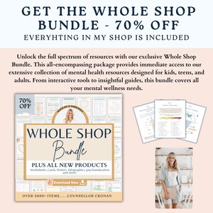 K&ouml;nnte beinhalten: Ein digitales Produktpaket f&uuml;r psychische Gesundheitsressourcen. Das Cover zeigt eine Therapeutin, die ein Buch mit dem Text "Whole Shop Bundle" und "Plus All New Products" h&auml;lt. Der Text "70% Off" wird in der oberen linken Ecke angezeigt.