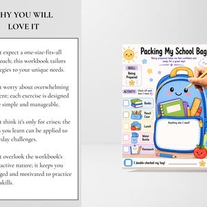 Pu&ograve; includere: Una lista di controllo Packing My School Bag con uno zaino blu a cartone animato dal volto sorridente, circondato da illustrazioni di materiale scolastico come libri, un astuccio e una mela, con caselle di controllo e spazio per le note.