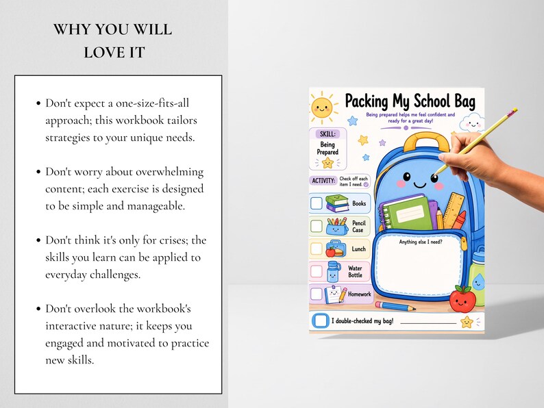 Pu&ograve; includere: Una lista di controllo Packing My School Bag con uno zaino blu a cartone animato dal volto sorridente, circondato da illustrazioni di materiale scolastico come libri, un astuccio e una mela, con caselle di controllo e spazio per le note.