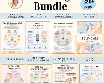 Teen therapy mega worksheet bundle, therapy workbook, therapist journal anxiety, psychology kids mental health, teenagers coping skills, GAD