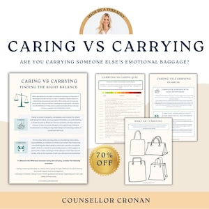 Könnte beinhalten: Ein druckbares Arbeitsblatt mit dem Titel "Caring vs Carrying: Die richtige Balance finden". Das Arbeitsblatt behandelt den Unterschied zwischen Fürsorge und Tragen und enthält Beispiele für beides. Das Arbeitsblatt enthält auch einen Fragebogen, der Ihnen hilft festzustellen, ob Sie das emotionale Gepäck einer anderen Person tragen.