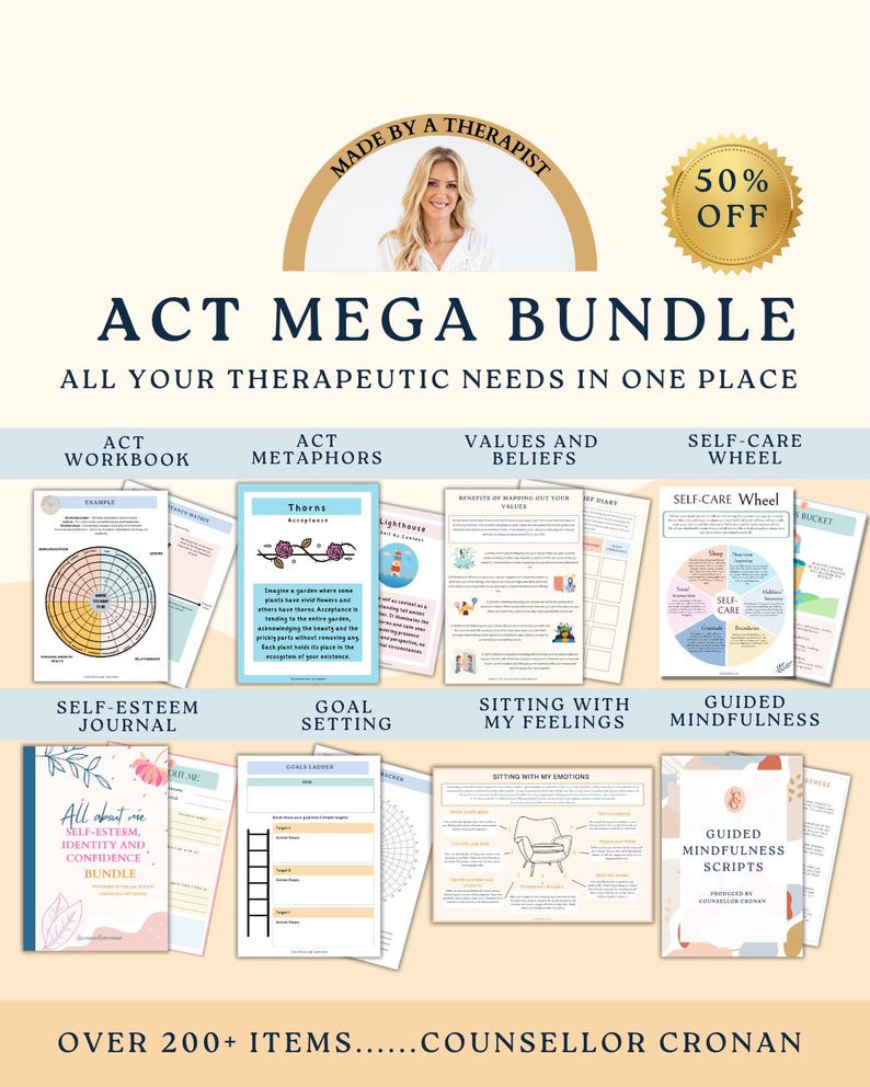 Acceptance therapy worksheet and cards bundle, acceptance commitment bundle, therapy form, therapy office decor, therapy worksheet, SEL GAD image 1