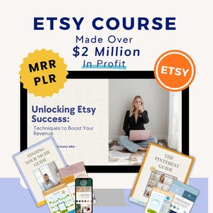 May include: An Etsy course advertisement with the text "ETSY COURSE Made Over $2 Million In Profit." The image includes a laptop, workbooks, and the text "Unlocking Etsy Success: Techniques to Boost Your Revenue."