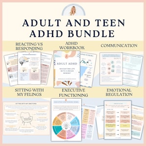 May include: A set of six printable worksheets for adults and teens with ADHD. The worksheets cover topics such as reacting vs responding, sitting with feelings, executive functioning, emotional regulation, and communication. The worksheets are designed to help individuals with ADHD develop coping skills and strategies for managing their symptoms.